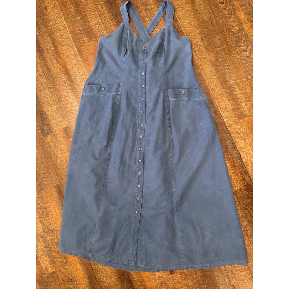 Vintage Adrian Jordan Denim Blue Linen Cotton Maxi Dress Size 18 Button Front